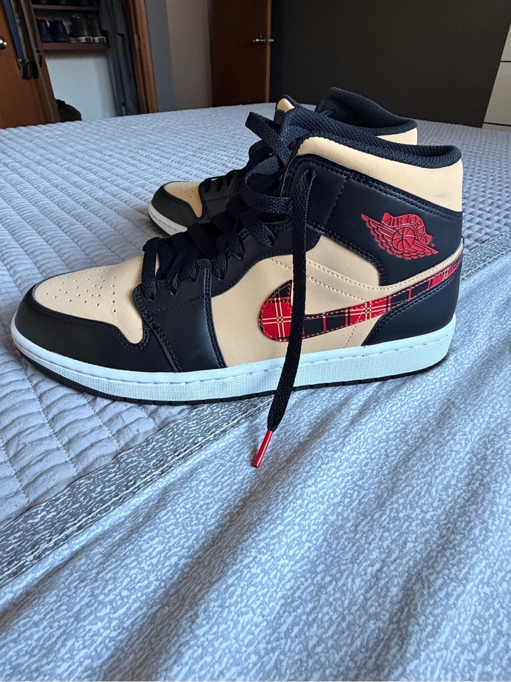 Jordan Mid Black & Cream with Red Plaid Swoosh